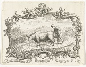 Paysans labourant un champ avec deux bœufs, en cartouche - Abraham Delfos