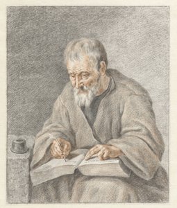 Vieil homme écrivant dans un livre