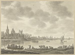 Paysage fluvial avec un bac - Abraham Delfos
