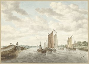 Paysage fluvial avec différentes barques