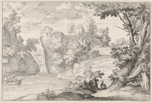 Paysage fluvial avec un lièvre - Abraham Genoels
