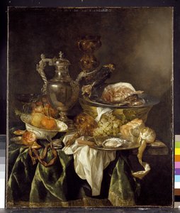 Nature morte avec une jarre à vin en argent avec un portrait reflété de l