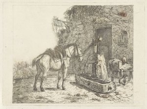 Cheval devant une auberge