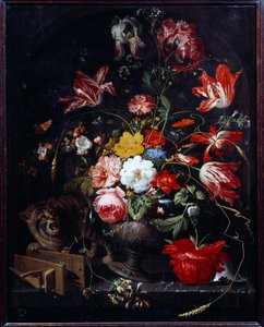 Chat renversant un vase de fleurs - Abraham Mignon