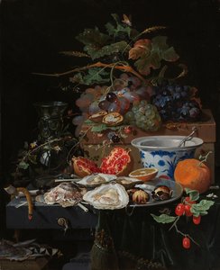 Nature morte avec fruits, huîtres et bol en porcelaine