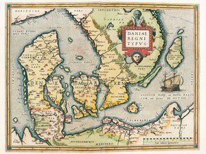 Daniae regni Typus Carte géographique du territoire du Danemark et du sud de la Suède de « Theatrum Orbis Terrarum » par Abraham Ortelius (Oertel, Ortell ou Ortel) - Abraham Ortelius