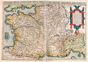 Galliae regni potentiss. nova descriptio. Ioanne Ioliveto auctore. Carte géographique du territoire de la Gaule (France) du "Theatrum Orbis Terrarum" par Abraham Ortelius (Oertel, Ortell ou Ortel)