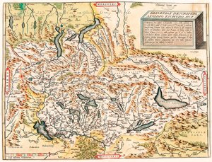 Helvetiae Descriptio Aegidio Tschudo Auct. Carte géographique des Alpes suisses et françaises incluant les lacs tirée de « Theatrum Orbis Terrarum » d