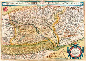 Hungarian Descriptio, Wolfgango Lazio Auct. Carte géographique du territoire de Hongrie de « Theatrum Orbis Terrarum » par Abraham Ortelius (Oertel, Ortell ou Ortel)