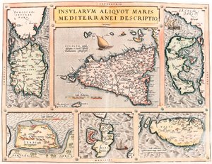 Insularum Aliquot Maris Mediterranei Descriptio. Carte géographique des îles méditerranéennes de Sicile, Sardaigne, Corfou, Malte, Djerba et Elbe du "Theatrum Orbis Terrarum" par Abraham Ortelius (Oertel, Ortell)