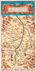Limaniae topographed Gabriele Symeoneo Avct. Carte géographique du territoire de la Loire avec les châteaux et villes bordant le fleuve (Beaumont, Aigueperse, Clermont et Montferan (Montferrand), Beauregard, Cignac, Montaigu, Puy Guillaume...) tirée de « T