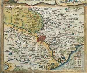 Carte de la région du Latium, du Theatrum Orbis Terrarum par Abraham Ortelius
