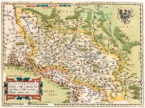 Silesia Typus Descriptio et Descriptus et editus Martino Heilwid Neilsense, et Nobili viro Nicolao Rhedinger dedicatus Anno 1561 Carte géographique du territoire au sud de Francfort en Allemagne près de la Pologne tirée de « Theatrum Orbis Terrarum » par A - Abraham Ortelius