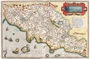 Thusciae. Descriptio auctore Hieronymo Bellamarto. Carte géographique du territoire de la Toscane en Italie du "Theatrum Orbis Terrarum" par Abraham Ortelius (Oertel, Ortell ou Ortel) - Abraham Ortelius