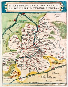 Wirtenbergensis Ducatus Vera descriptio, Tubingae edita 1558. Carte géographique du Bade-Wurtemberg de « Theatrum Orbis Terrarum » par Abraham Ortelius