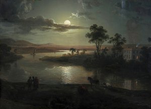 Scène de soirée avec pleine lune et personnes