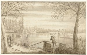 Patineurs sur la rivière Vecht, près de Maarssen, avec les domaines de Daelwijck et Vechthoven au loin - Abraham Rutgers