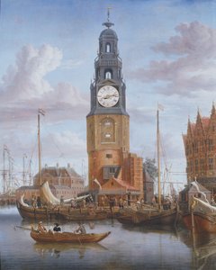 Vue de la tour Haringspacker à Amsterdam, avec une horloge fonctionnelle intégrée dans la peinture, 1684