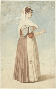 Femme debout en costume italien, vers la droite