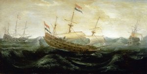 Un navire hollandais naviguant sur une mer très agitée, voyageant avec des voiles réduites, dans lesquelles le vent s