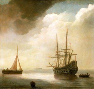 Navire hollandais sur une mer calme. À sa gauche, un bateau de pêche en activité, à sa droite, un bateau ancré