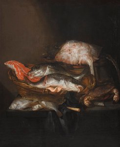 Néerlandais : Visstilleven Nature morte avec une raie sur un tonneau, un steak de saumon, un sandre et un lieu noir dans un panier, avec des plies, un couteau et un crabe sur une table drapée