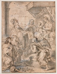 Marie avec enfant sur le trône adorée par trois saints
