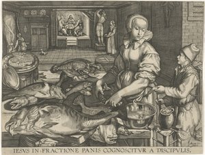 Nature morte de cuisine avec une femme nettoyant du poisson