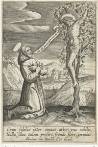 Saint agenouillé devant le Christ en croix - Abraham van Merlen