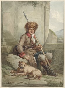 Chasseur assis avec bonnet de fourrure, lance et gibecière