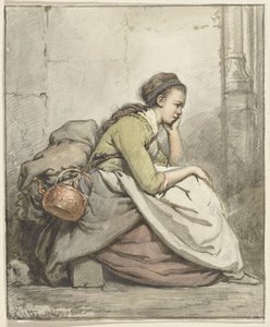 Femme assise avec une bouilloire en cuivre