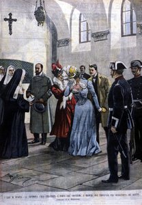 À Madrid, une jeune femme, Mademoiselle Ubao, est arrachée à la vie de religieuse dans un couvent où elle se trouvait par suggestion des Jésuites. Illustration de Beltrame. La Domenica del corriere. 1901 - Achille Beltrame