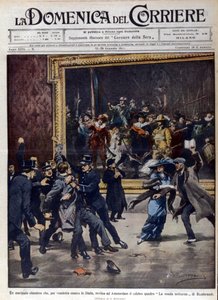 Un ancien marin néerlandais a tenté de saccager le célèbre tableau de Rembrandt, « La Ronde de nuit ». Couverture de « La Domenica del corriere », ill. de Beltrame, 01/1911