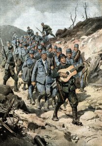 Un héros heureux. Après avoir capturé quarante Autrichiens et une guitare dans une grotte, le soldat Buoncompagni a marché à la tête du groupe de prisonniers en chantant. Ill. de Beltrame. La Domenica del Corriere. 10/1917 - Achille Beltrame