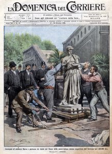 Une statue achetée par le gouvernement pour 450 mille lires est apportée à Rome et livrée au ministre Rava. Ill. de Beltrame. La Domenica del Corriere. 10/1909. - Achille Beltrame