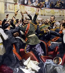 Attentat contre le ministre russe Stolypine au théâtre municipal de Kiev. Illustration de Beltrame - Achille Beltrame