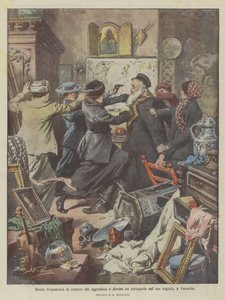 Bande de brigands composée de filles attaquant et volant un antiquaire dans son magasin, à Varsovie