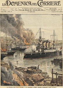 Cuirassé Potemkine bombardant Odessa, par Achille Beltrame, illustration, Illustrateur Achille Beltrame, de La Domenica del Corriere - Achille Beltrame