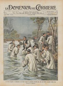 Cérémonie originale, le baptême dans une rivière anglaise de plusieurs convertis à une secte - Achille Beltrame
