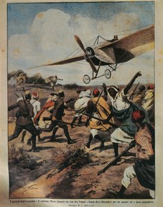 Illustration de couverture du capitaine Moizo tentant un atterrissage forcé pendant la campagne africaine, par Achille Beltrame, de La Domenica del Corriere, 22 septembre 1912 - Achille Beltrame