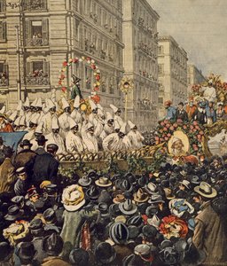Foules pendant le carnaval à Naples, par Achille Beltrame, illustration, Illustrateur Achille Beltrame (1871-1945), de La Domenica del Corriere, 31 janvier 1904