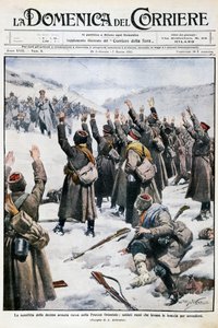 Défaite de la dixième armée russe en Prusse orientale : soldats russes levant les bras en signe de reddition, planche par Achille Beltrame de La Domenica del Corriere, 28 février-7 mars 1915 - Achille Beltrame