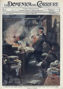 Mort dans son laboratoire à Naples par Giuseppe Mercalli (1850-1914), sismologue et volcanologue italien. Illustration par Achille Beltrame pour « La domenica del corriere ». 1914