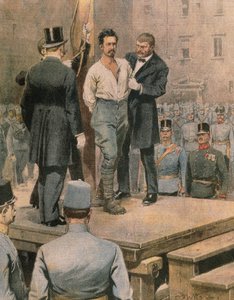 Exécution de Cesare Battisti à Trente, par Achille Beltrame, illustration, de La Domenica del Corriere, juillet 1916