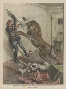 Lutte féroce entre un dompteur, un lion et un chien au cirque Ciniselli à Saint-Pétersbourg