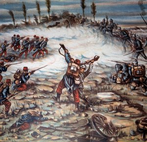 Première Guerre mondiale (1914-1918) : une bataille entre les forces armées françaises et allemandes entre Altkirch et Mulhouse le 21/08/1914. Illustration par Achille Beltrame (1871-1945). Collection privée