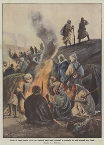 Feux au camp ennemi, allumés pour se réchauffer, par les Arabes en sentinelle dans les postes avancés au-delà de Tripoli - Achille Beltrame