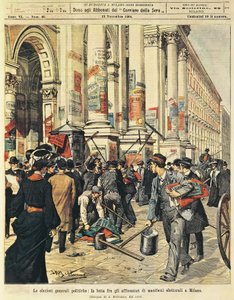 Élections générales à Milan : confrontations entre personnes collant des affiches politiques à Milan, par Achille Beltrame, de La Domenica del Corriere