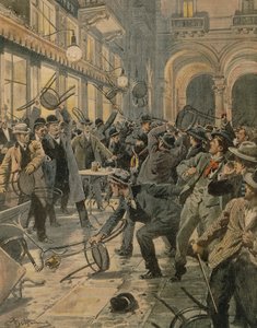 Grève générale des travailleurs à Milan, Émeutes dans la Galleria Vittorio Emanuele II, par Achille Beltrame, illustration, Illustrateur Achille Beltrame, de La Domenica del Corriere - Achille Beltrame