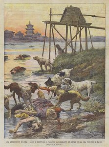 Les événements en Chine, les chiens se disputent les cadavres flottants sur le fleuve Pei-Ho, entre Tien-Tsin et Ta-Ku